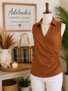 Spartina 449 Edeline Mocha Faux Wrap Sleeveless Collared Top Peruvian Cotton M